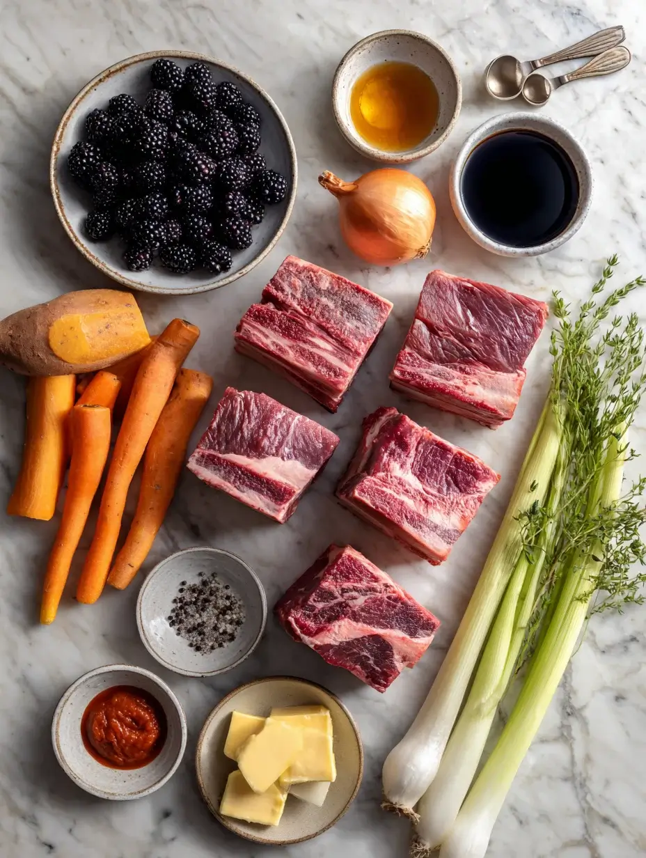 Flat lay of ingredients for Slow-Braised Beef Short Ribs recipe on marble background.