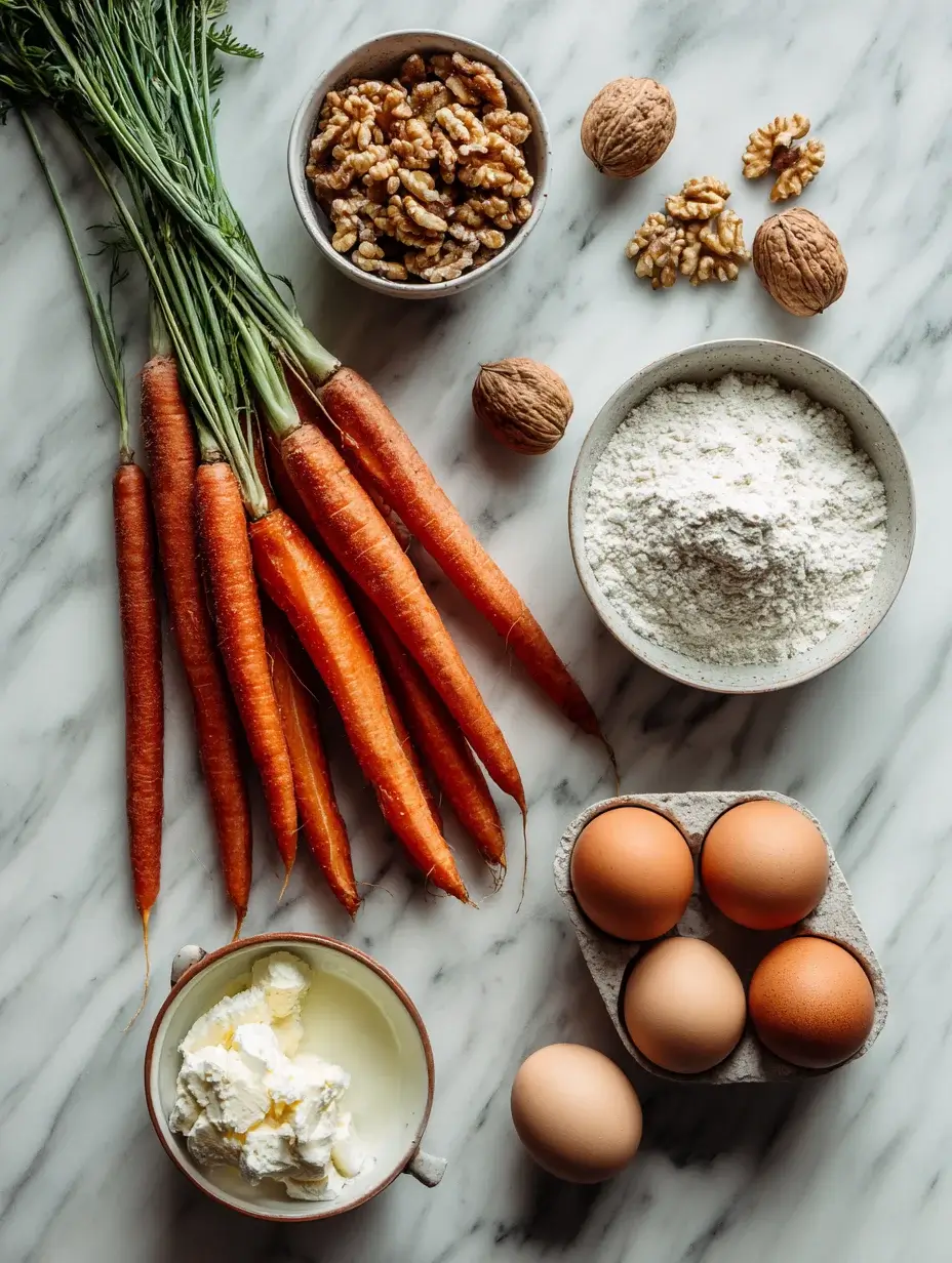 Fresh carrots, walnuts, flour, eggs, and cream cheese on marble countertop for carrot cake cylinder.