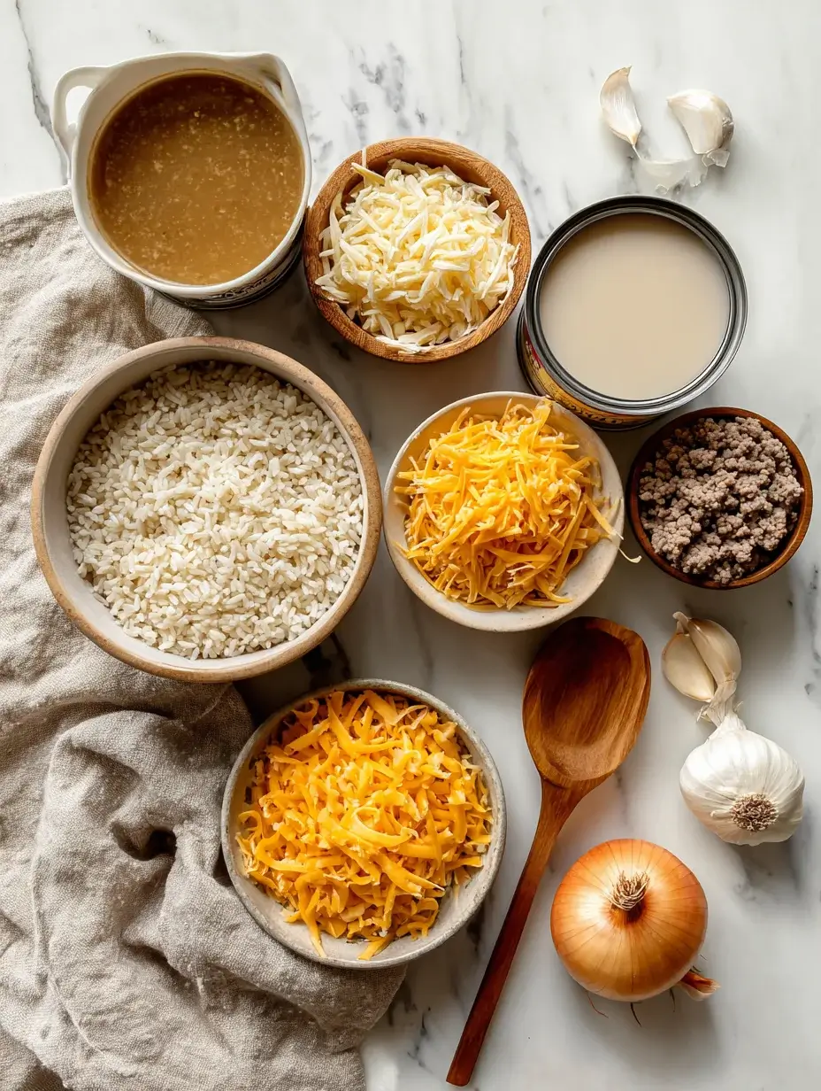 Flat lay of ingredients for cheesy hamburger rice casserole on marble countertop.
