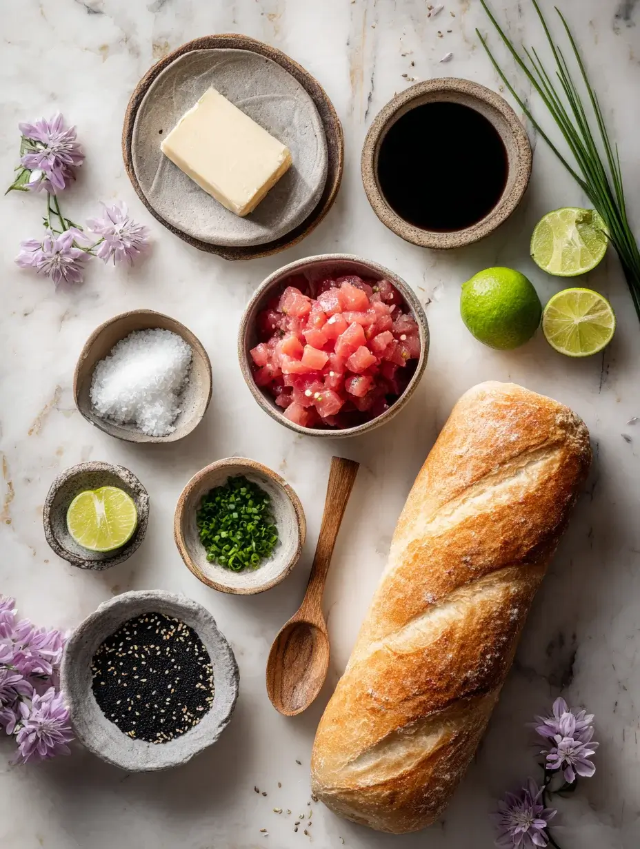Flat lay of tuna tartare brioche ingredients on marble.