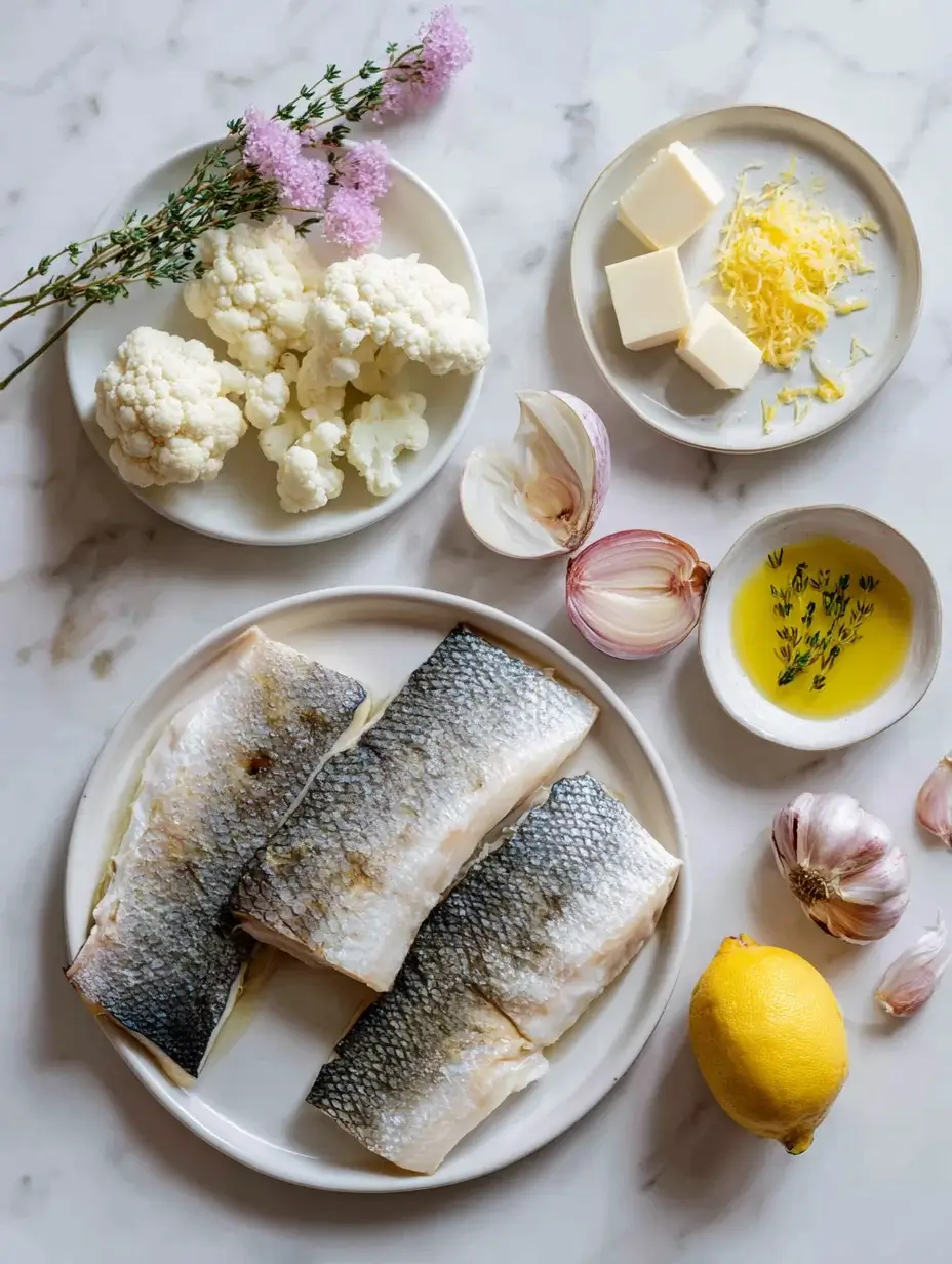 Ingredients for pan-seared sea bass with cauliflower and lemon oil.