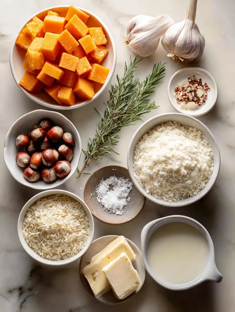 Flat lay of ingredients for pumpkin and chestnut risotto with rosemary cream.