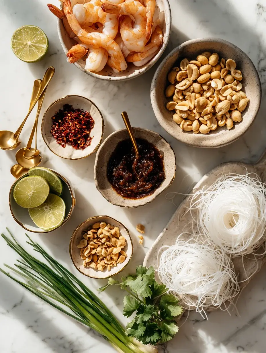 Flat lay of elegant Pad Thai ingredients on marble background.