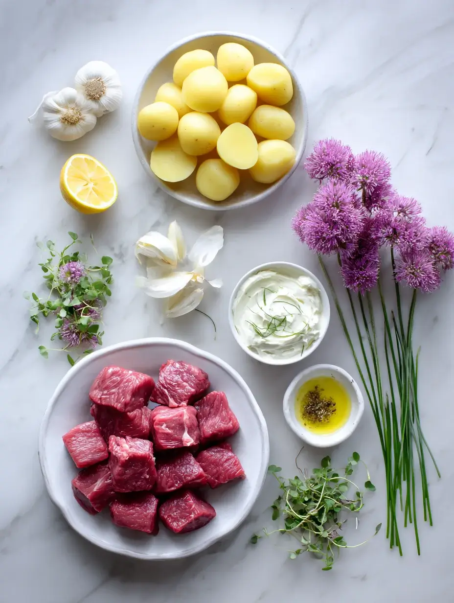 Ingredients for tenderloin cube on potato crisp with horseradish cream.