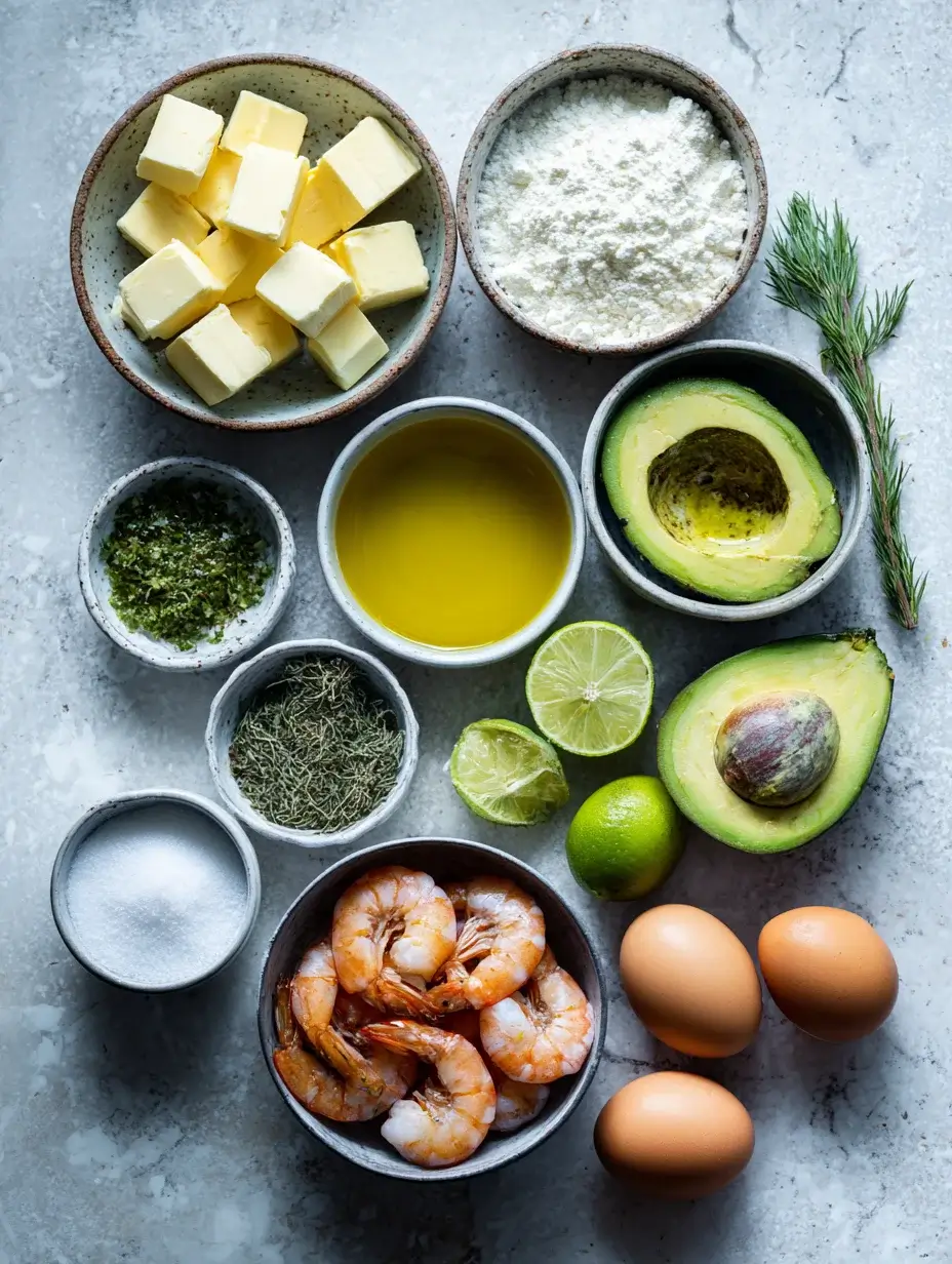 Ingredients for shrimp and avocado tart arranged on marble countertop.