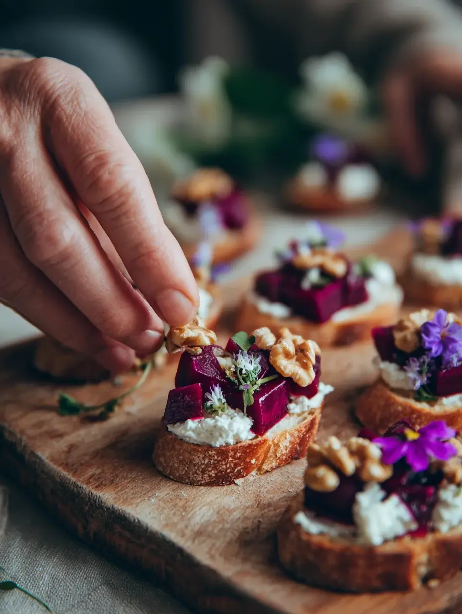 Assembling Beetroot and Goat Cheese Crostini step by step