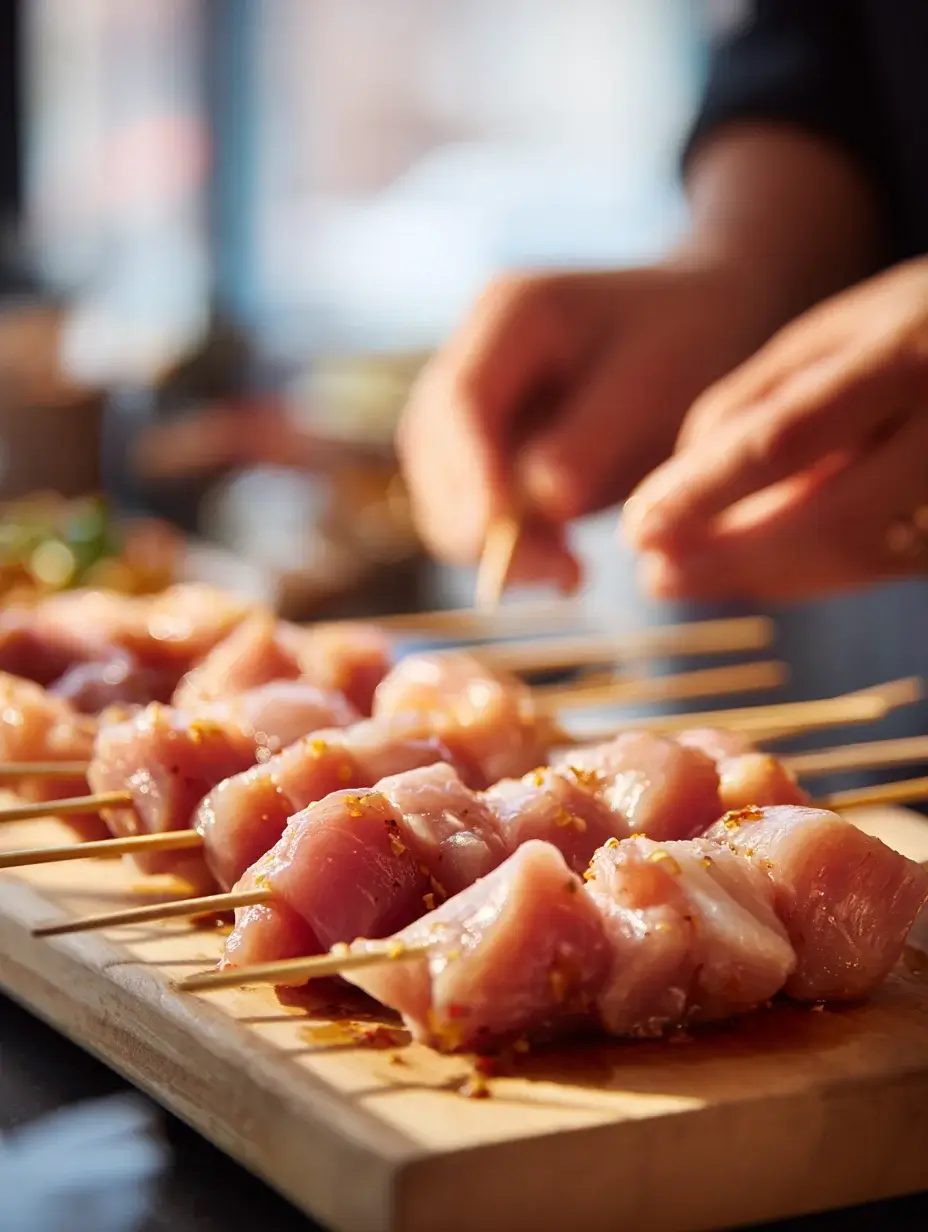 Preparing chicken skewers for baking