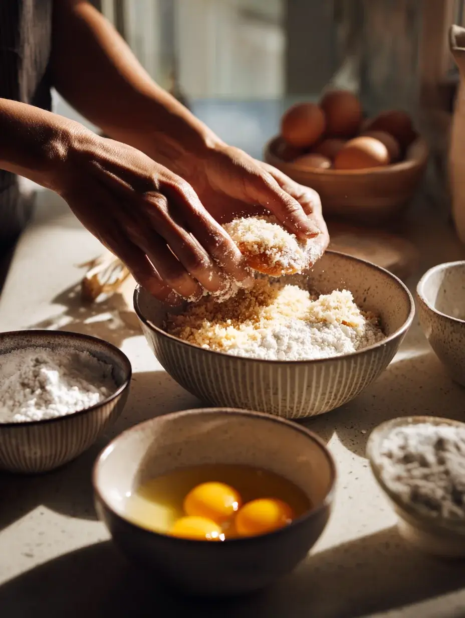 Dipping chicken into panko and Parmesan coating before frying.