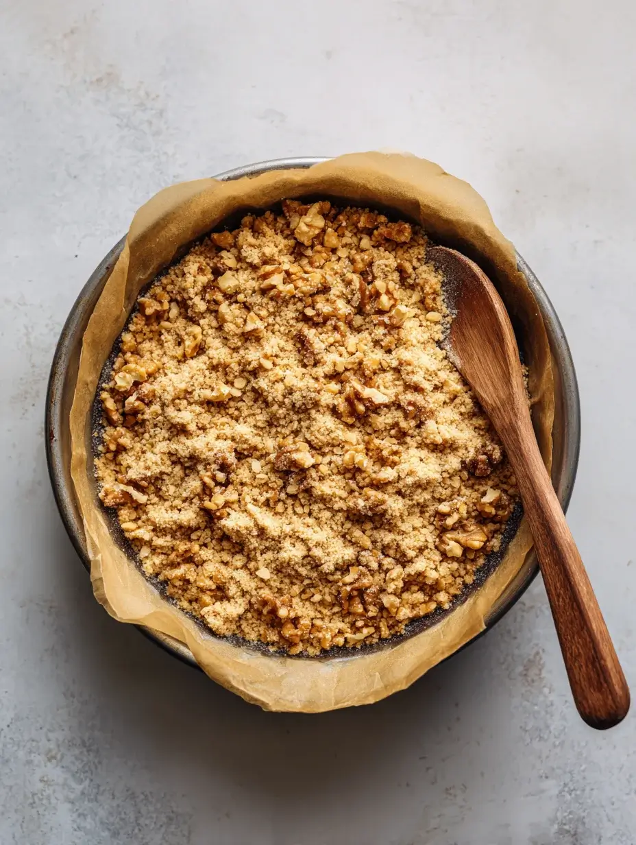 Crumbly walnut soil baked in parchment-lined dish for carrot cake cylinder.