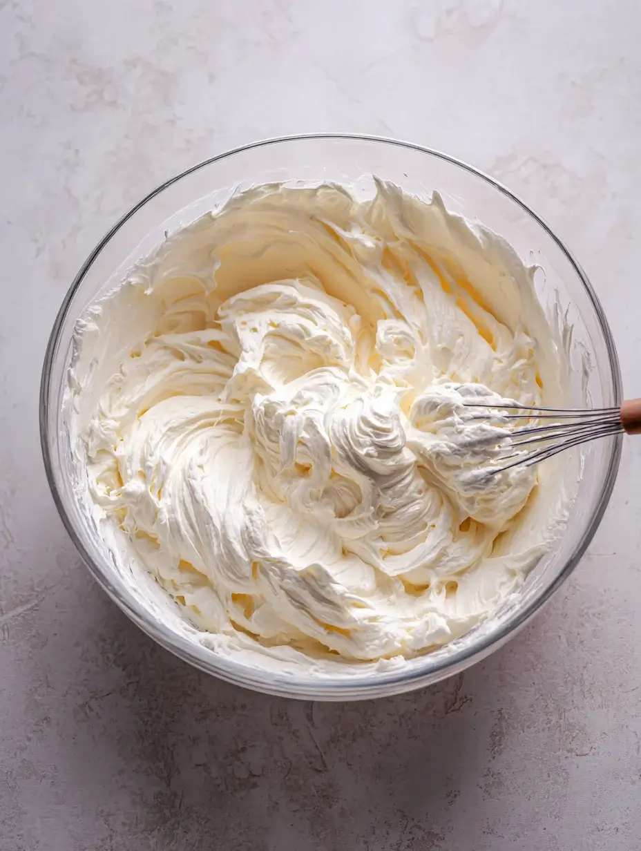 Whipping cream cheese mousse in a glass bowl for carrot cake cylinder.