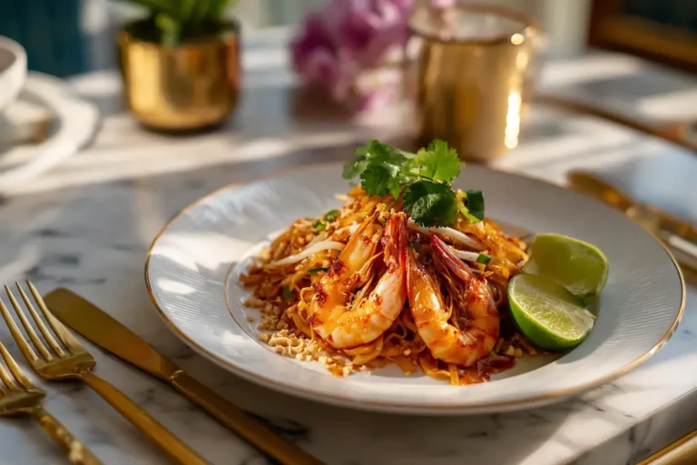 Elegant presentation of Pad Thai with grilled shrimp on marble table.