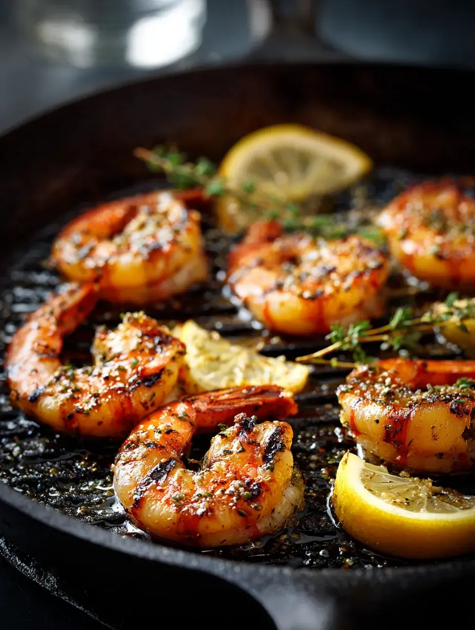 Shrimp sizzling on grill pan with lemon slices for Crab Salad Tower.