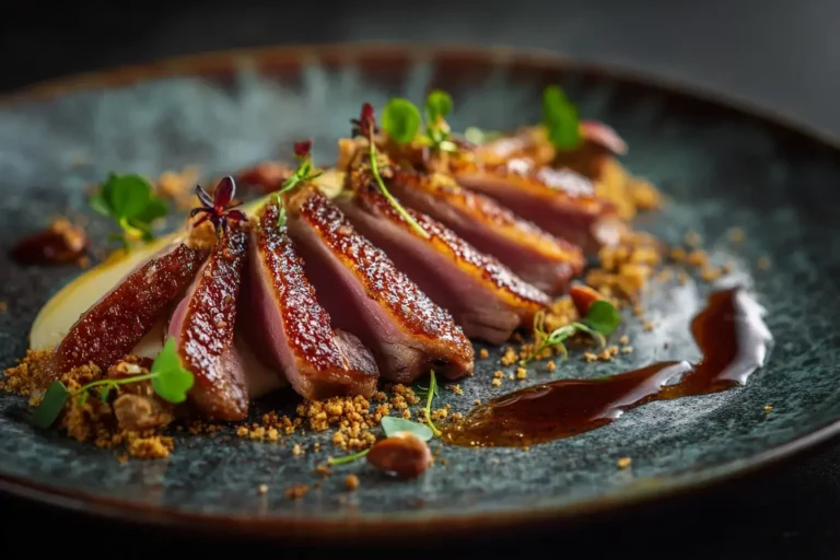 Smoked duck breast with apple-parsnip purée and hazelnut dust.