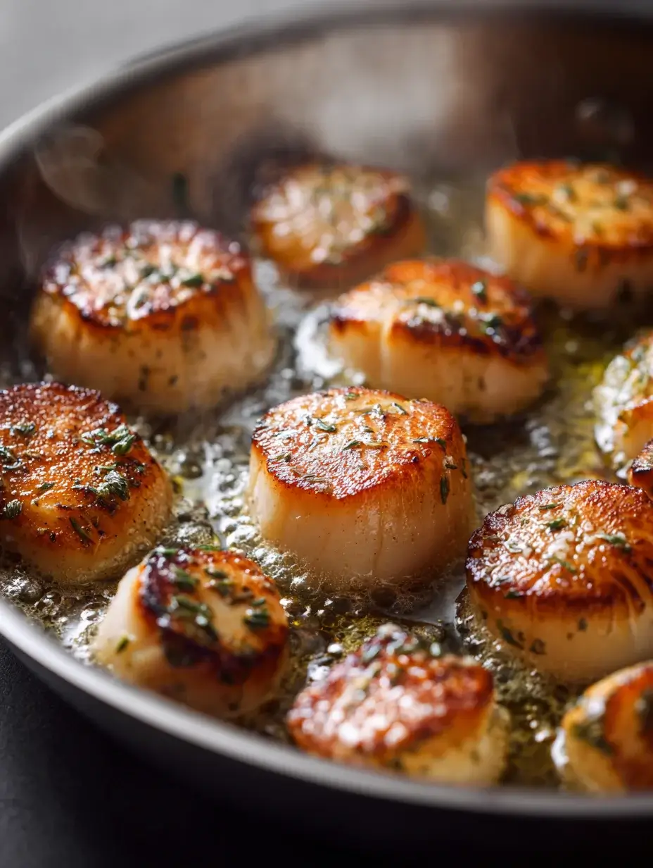 Scallops searing in a buttered skillet until golden brown.