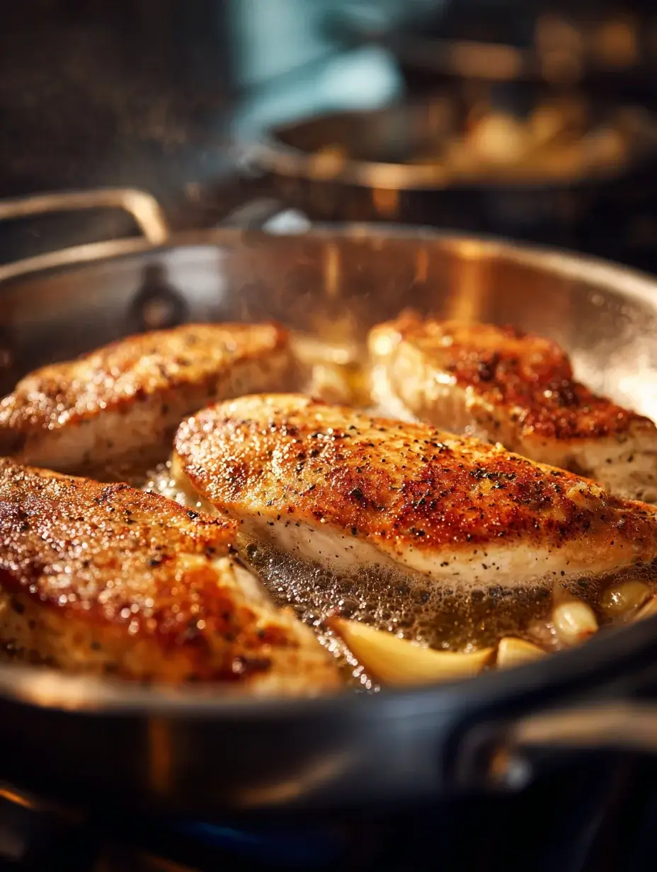 Chicken breasts searing in olive oil in a stainless-steel pan for Creamy Tuscan Chicken.