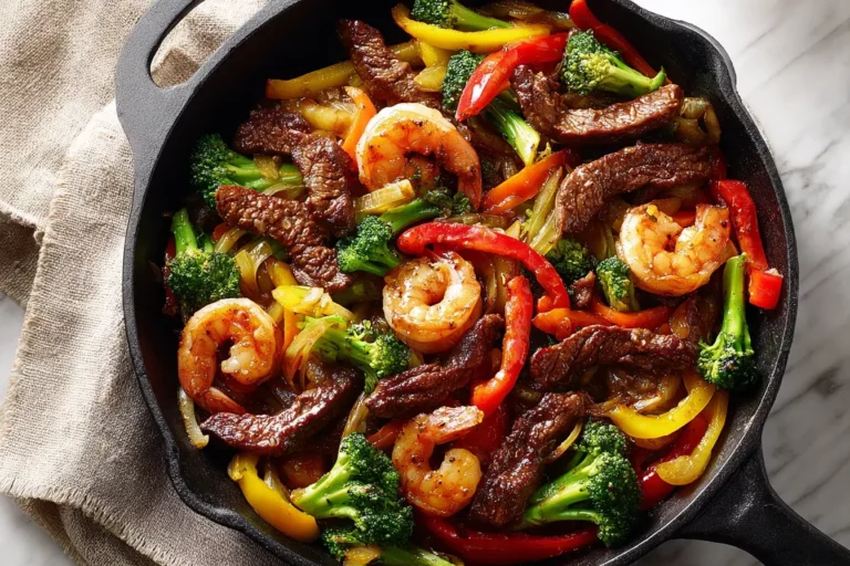 Steak & Shrimp Stir-Fry served hot in a skillet with colorful vegetables.