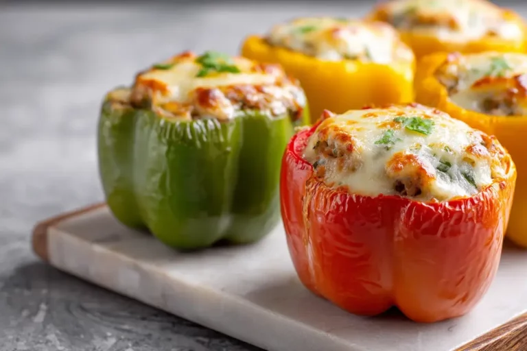 Healthy stuffed bell peppers with beef and rice on marble surface.