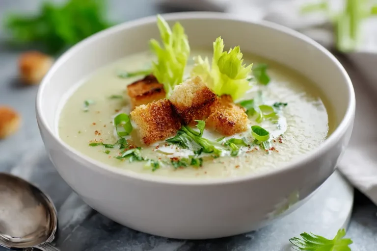 Cream of celery soup served in a white bowl with garnish.