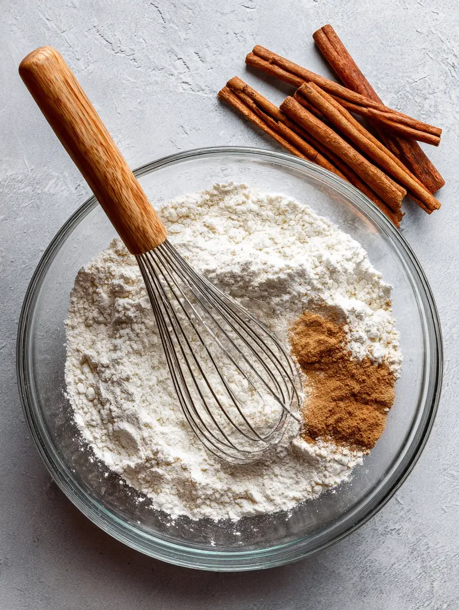 Mixing flour and cinnamon for carrot cake cylinder recipe.