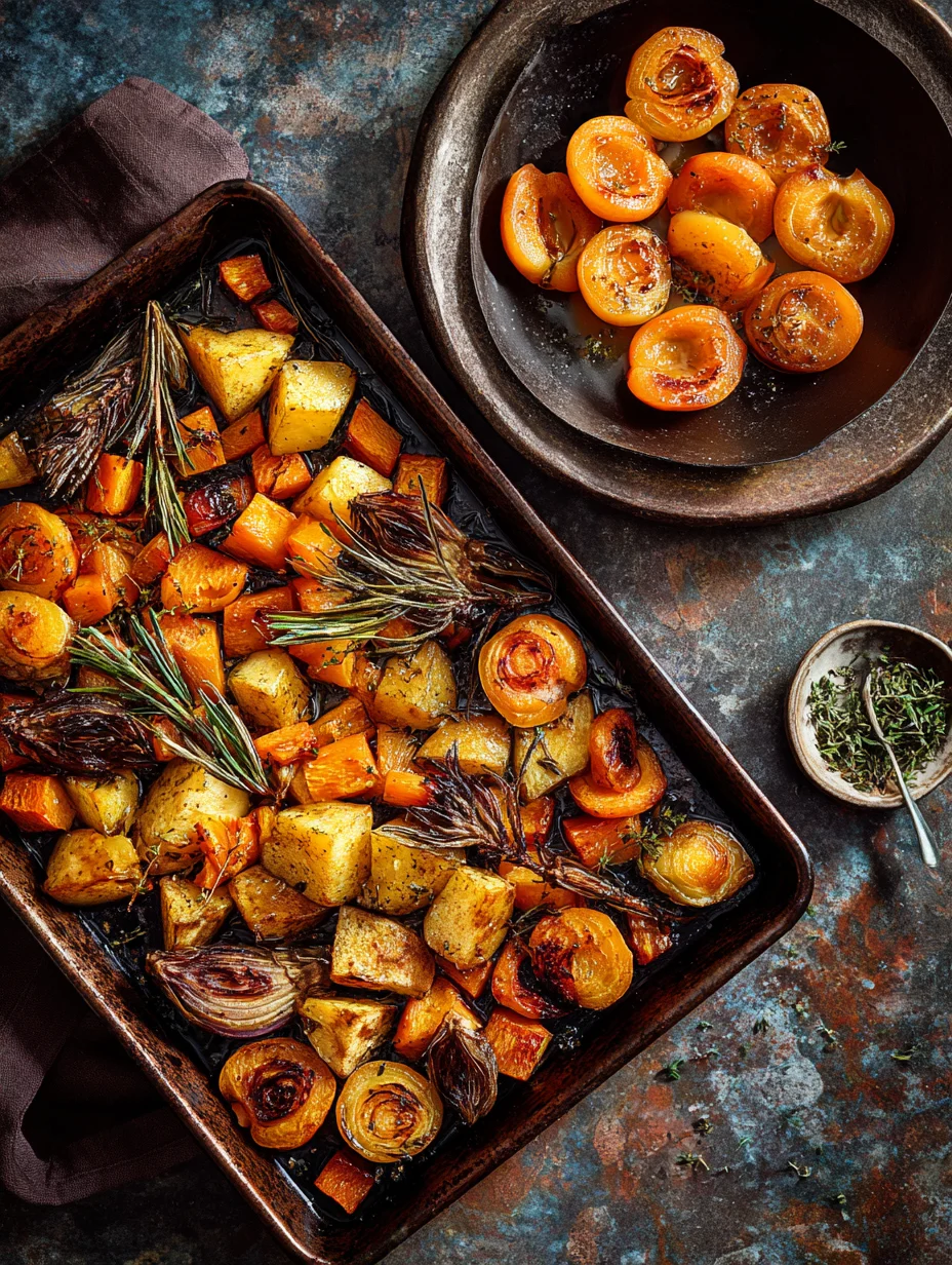 Roasted root vegetables and glazed apricots on a marble countertop.
