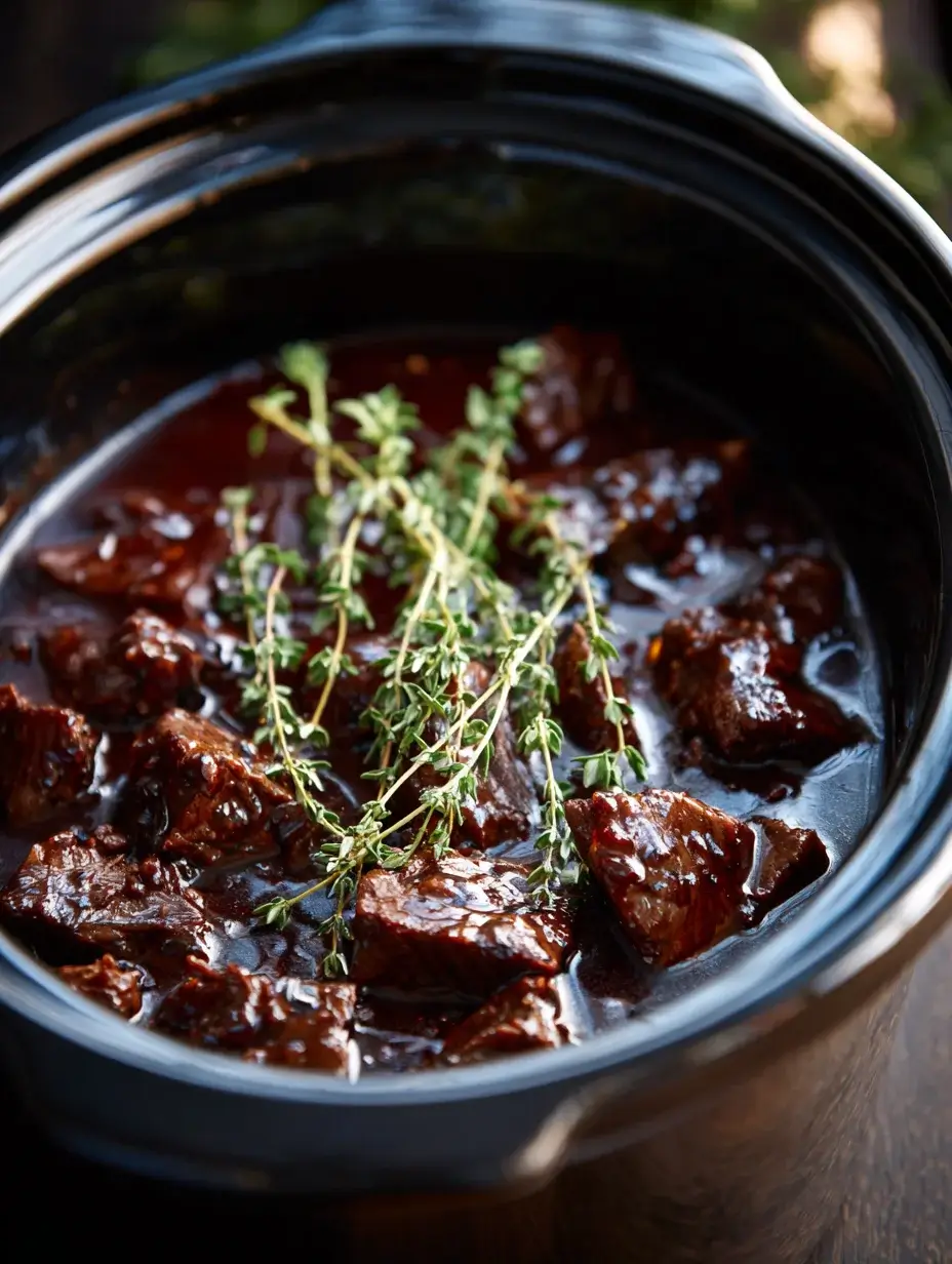 Slow cooker filled with beef and maple-balsamic glaze, ready to cook.