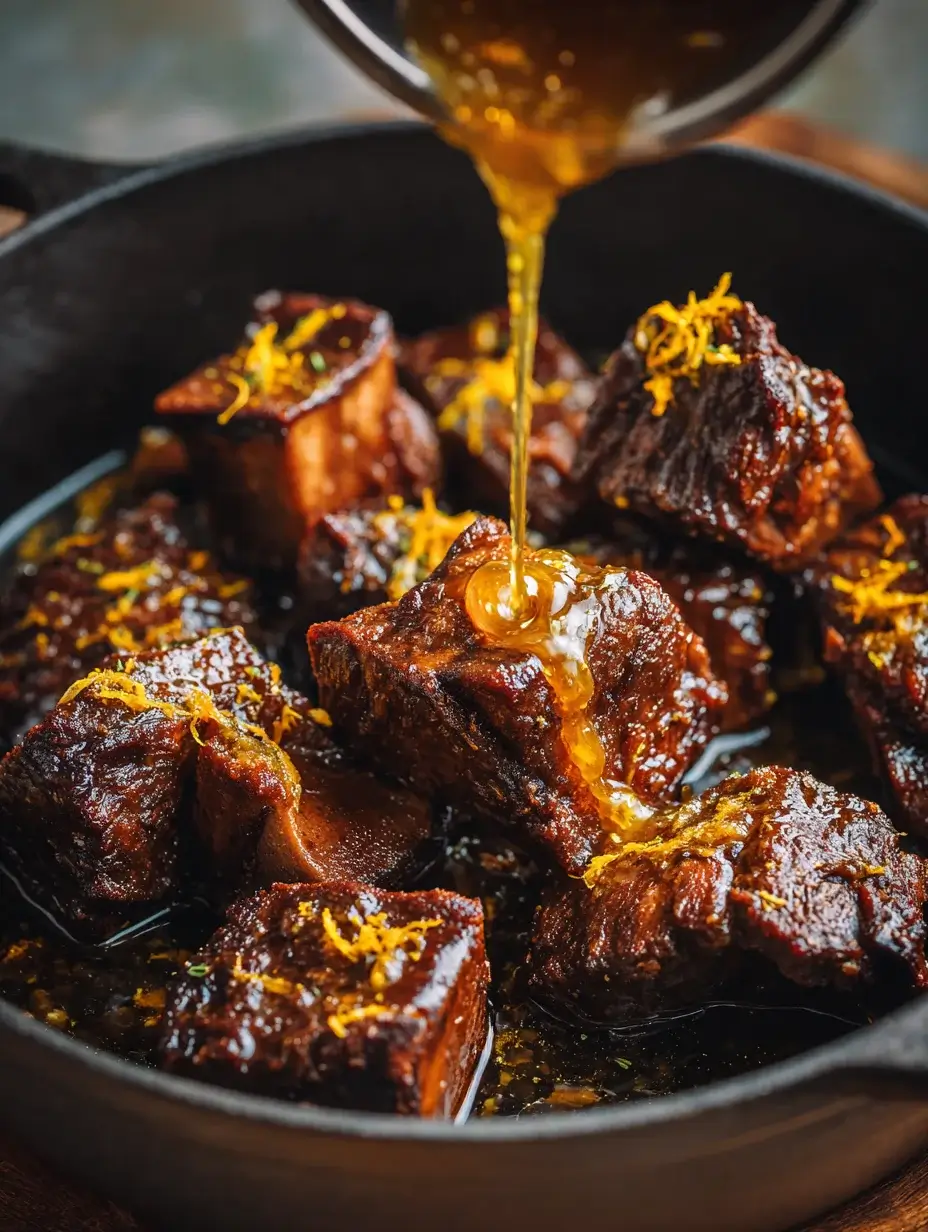 Pouring honey garlic sauce over short ribs