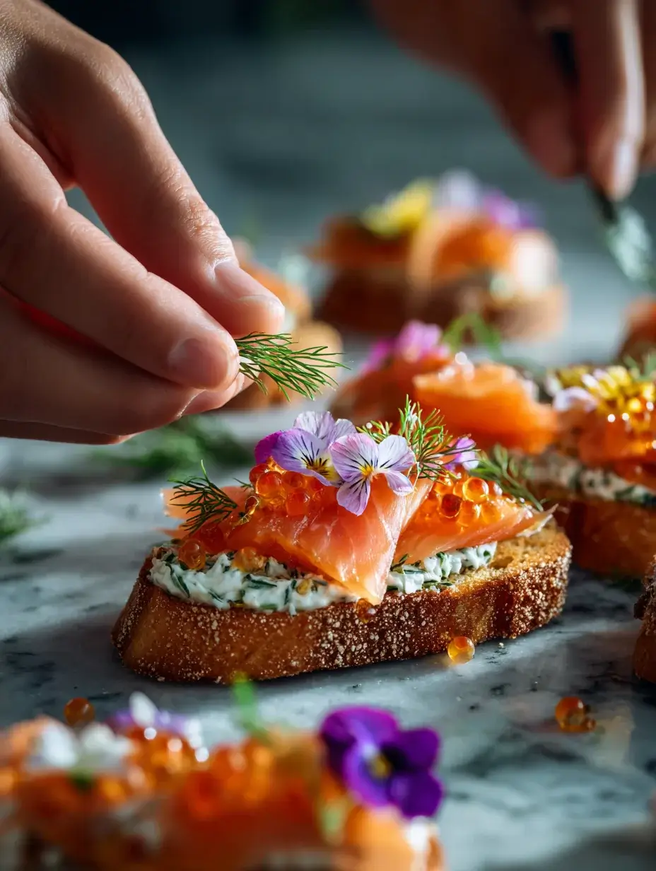 Assembling Gravlax Crostini with herb cream, gravlax, and edible flowers