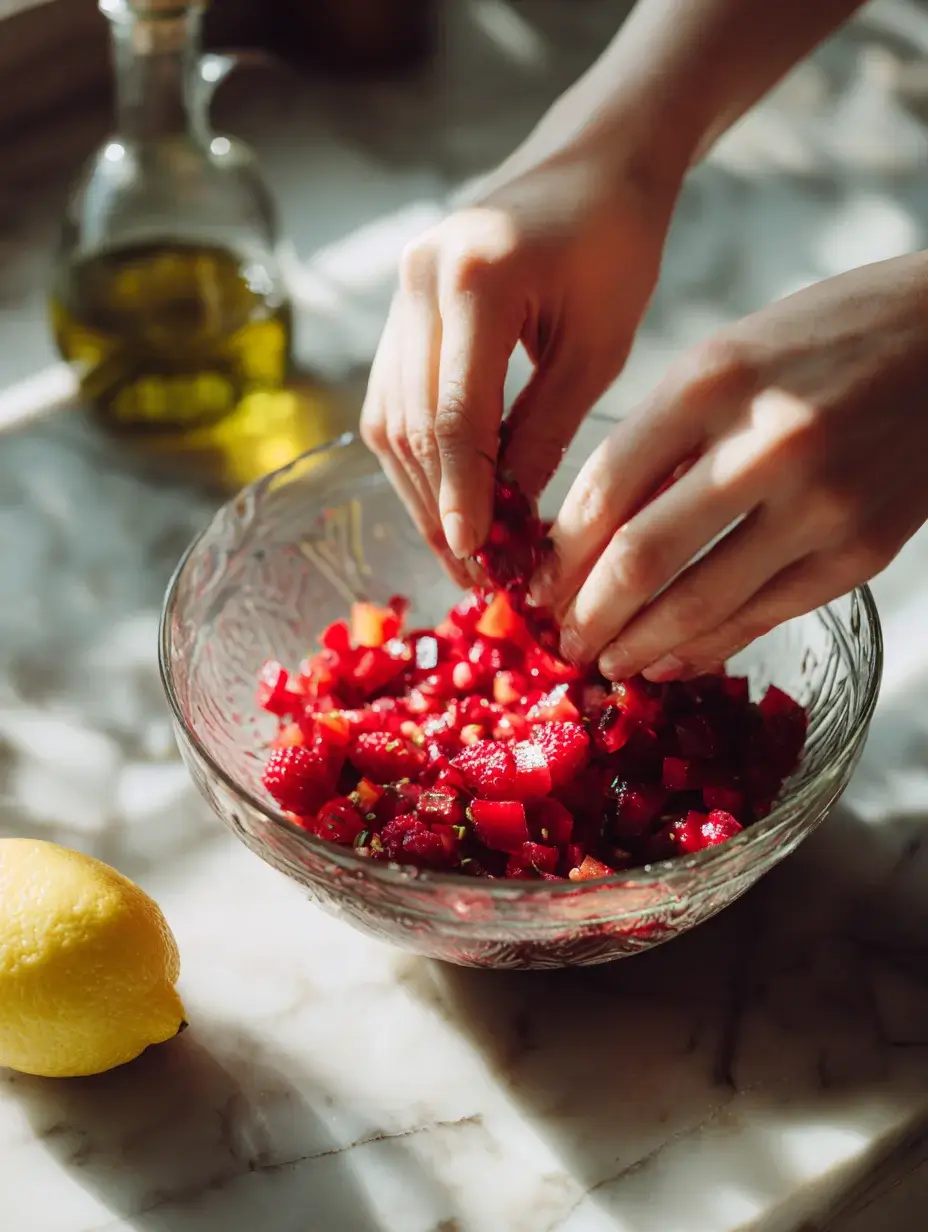 Mixing diced beetroot and raspberries with olive oil for tartare base.
