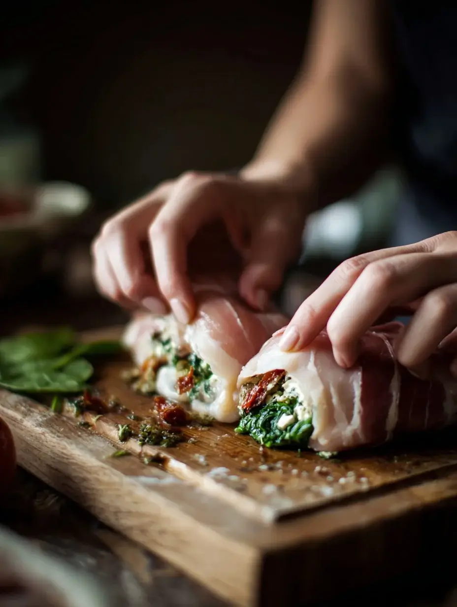 Rolling chicken breast for Chicken Roulade with spinach and goat cheese