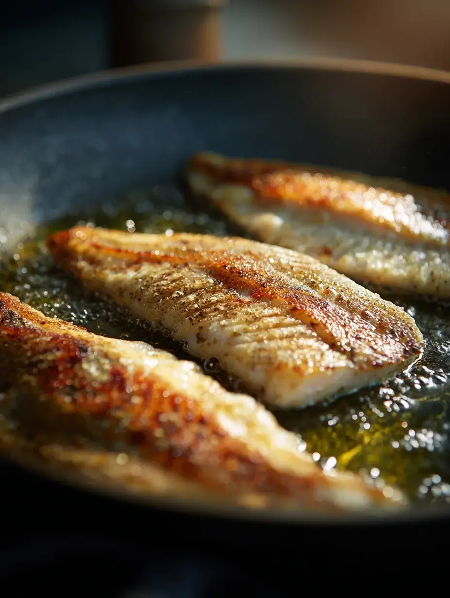 Pompano fillets frying skin-side down in skillet