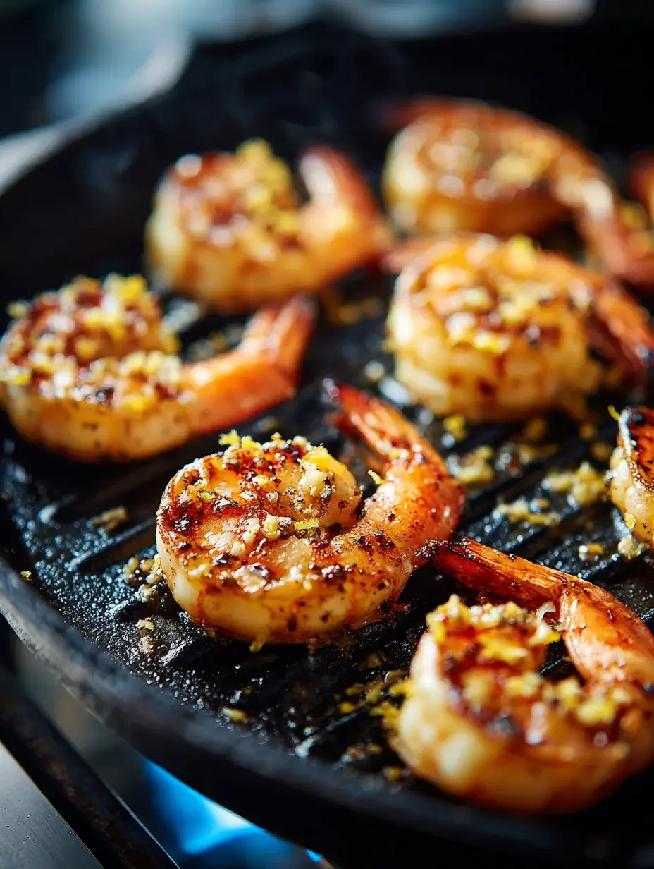 Shrimp grilling on cast-iron pan with garlic and lemon zest