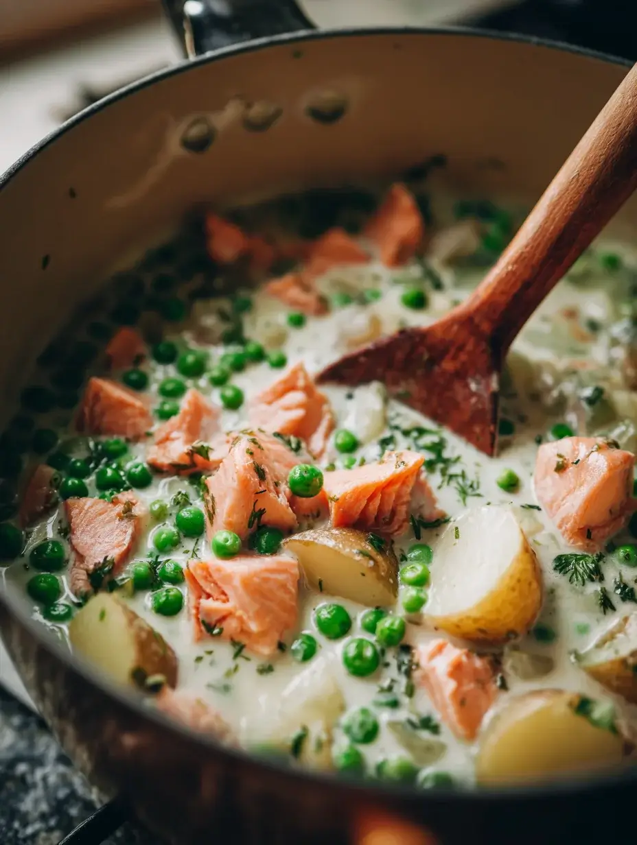 Adding smoked salmon pieces to creamy chowder base with peas and potatoes