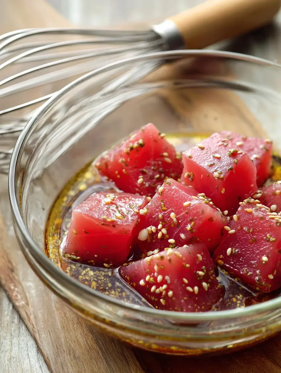 Tuna cubes marinating in soy, sesame, and ginger dressing