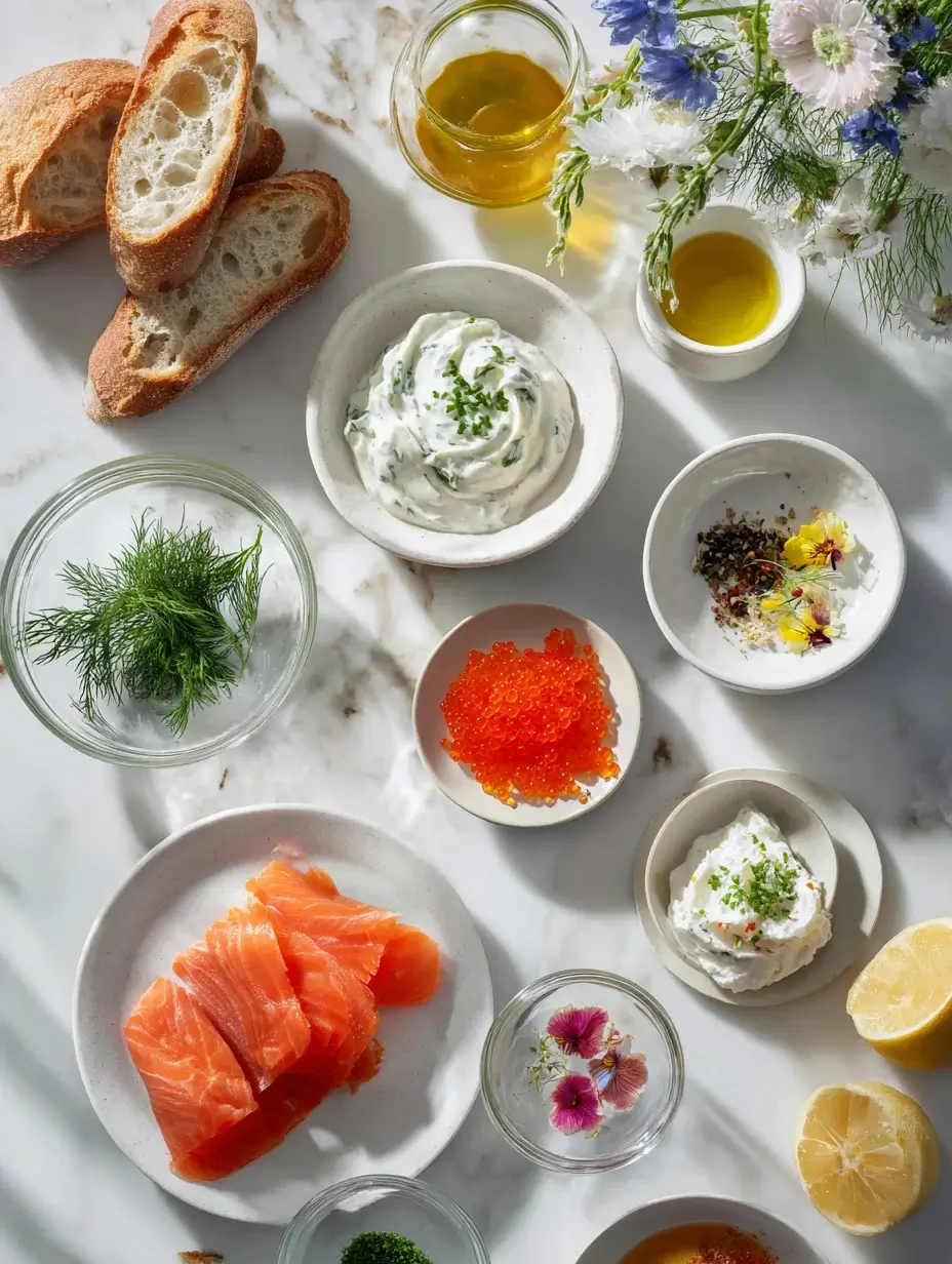 Ingredients for Gravlax Crostini recipe – gravlax, roe, dill, lemon, baguette, and edible flowers