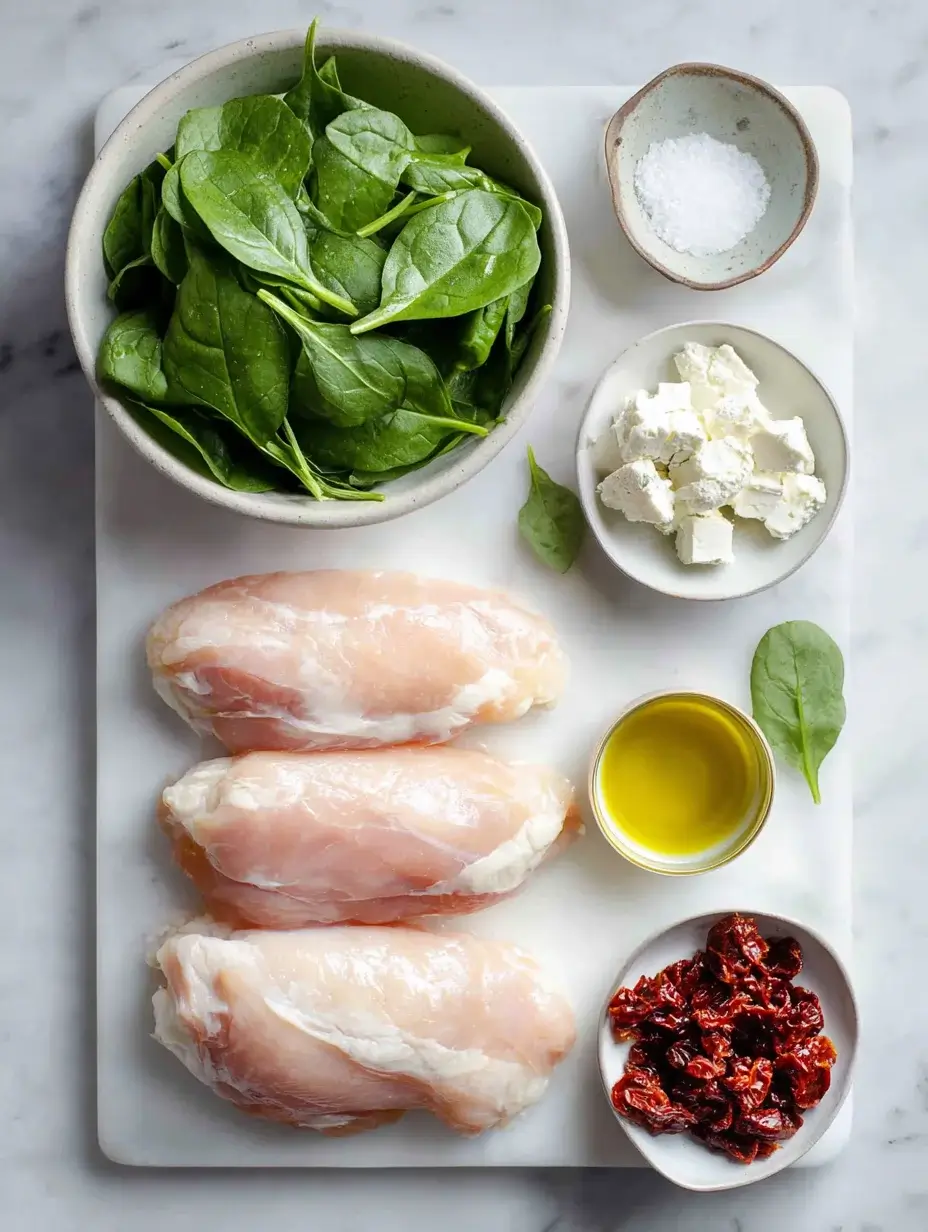 Chicken Roulade ingredients flat lay on marble countertop