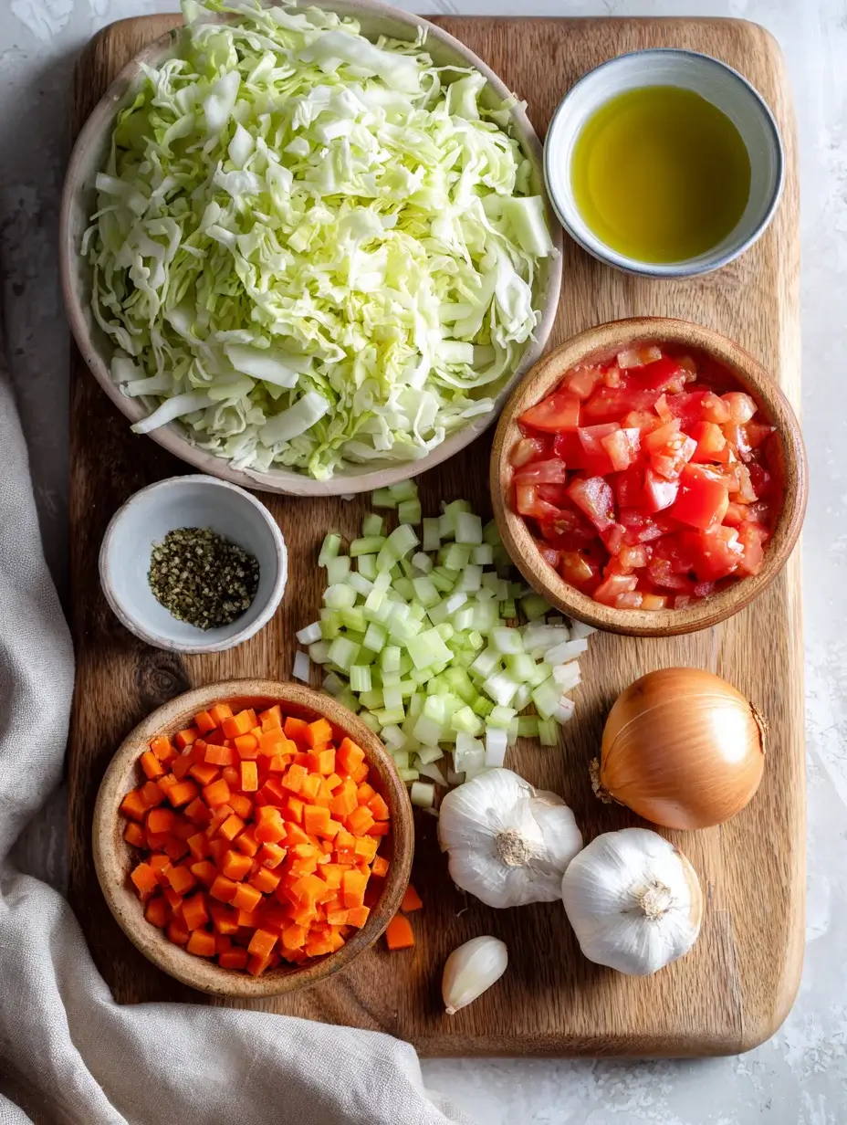 Ingredients for Detox Cabbage Soup displayed neatly on a wooden board.