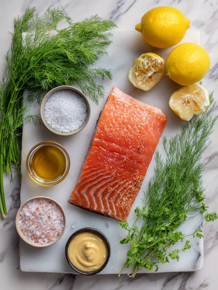 Flat lay of ingredients for Gravlax Roses on Honey Mustard