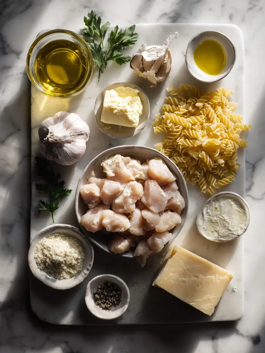 Ingredients for garlic butter chicken pasta recipe