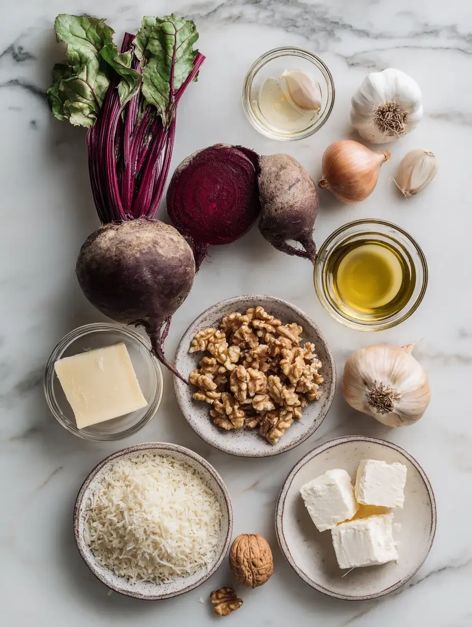 Ingredients for beetroot risotto arranged on a marble surface.
