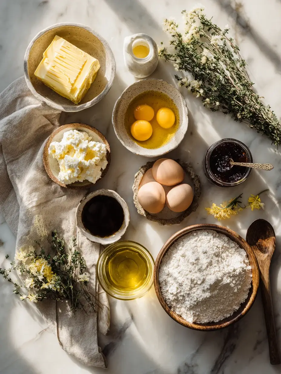 Flat lay of ingredients for mini savory éclairs with goat cheese and fig jam