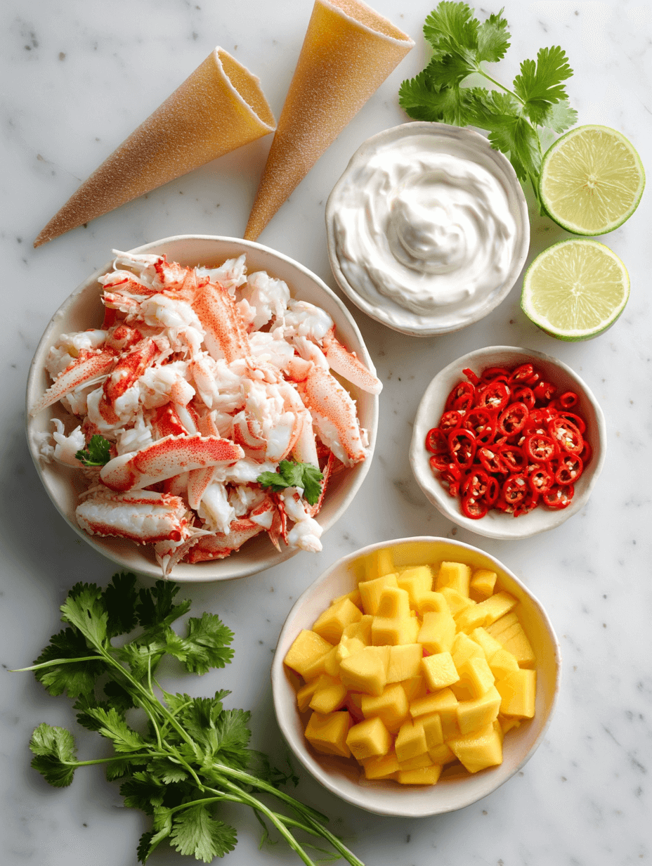 Ingredients for Mini Cone with Crab and Mango Salsa