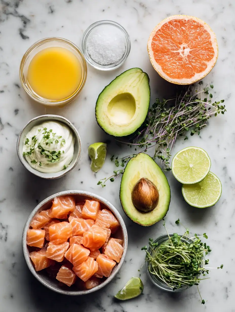 Ingredients for Salmon and Avocado tartare recipe.