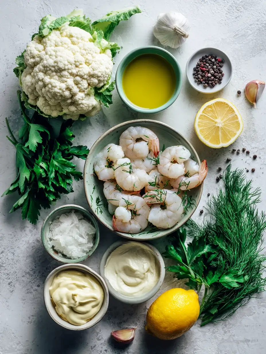 Ingredients for grilled shrimp with herb mayo and cauliflower purée