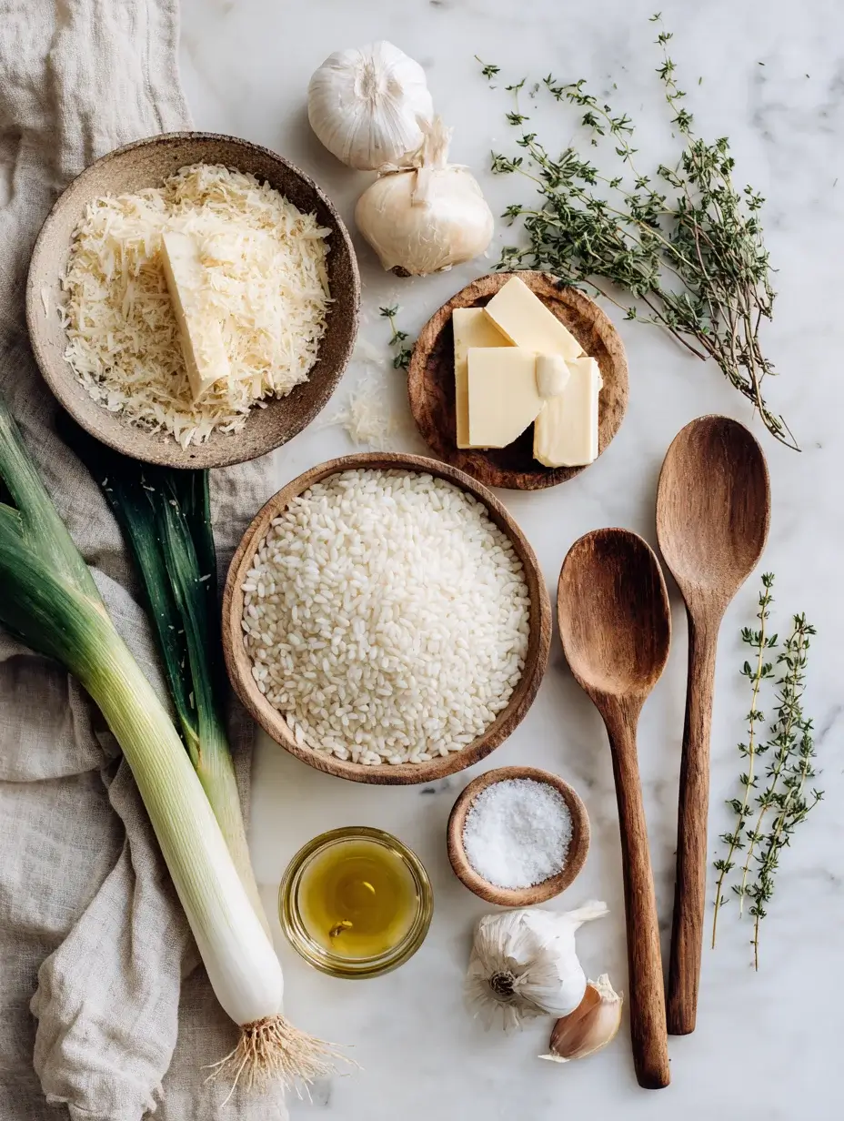 Flat lay of ingredients for Parmesan Risotto with Crispy Leeks