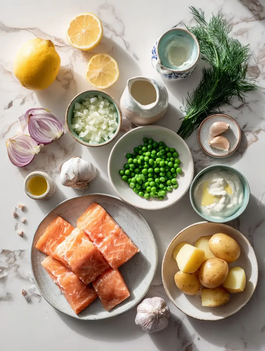 Flat lay of fresh ingredients for Creamy Smoked Salmon & Peas Chowder