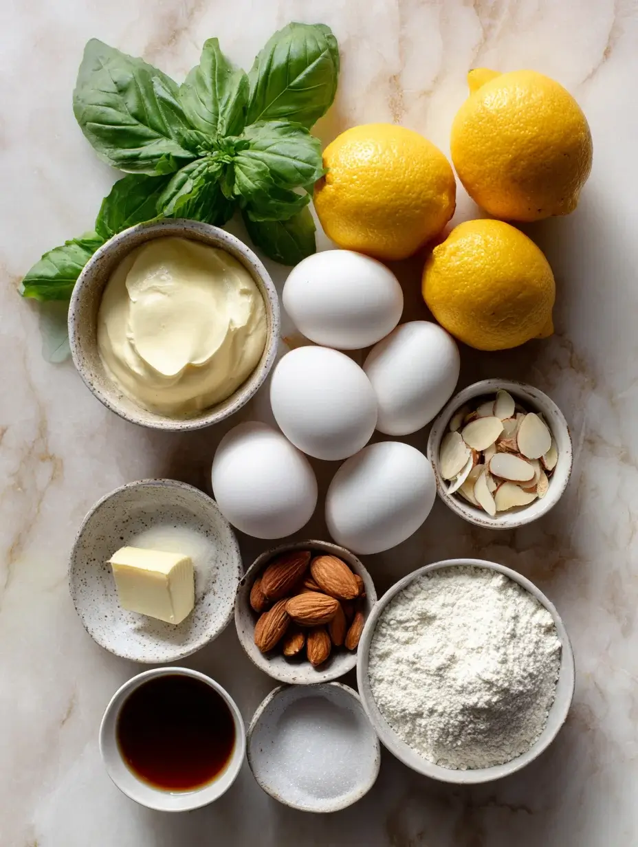 Flat lay of ingredients for Mini Lemon Meringue Clouds including lemon, basil, almonds, and eggs