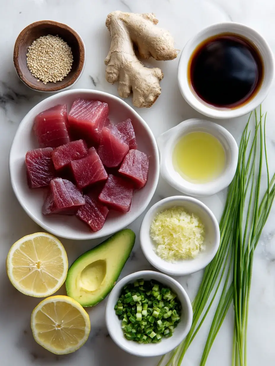 Flat lay of fresh ingredients for tuna and avocado tartare recipe