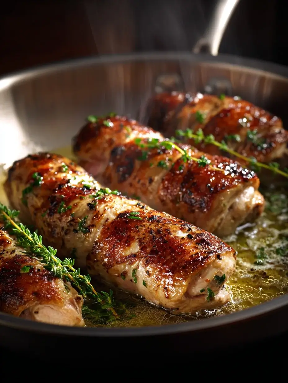 Chicken Roulade searing to golden perfection in skillet