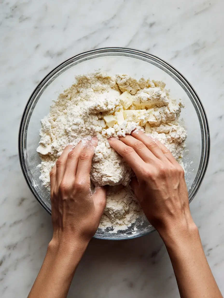 Mixing cold butter into flour for scone dough