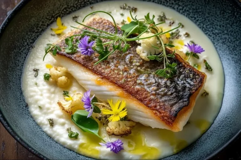 Pan-seared sea bass with cauliflower cream and lemon oil on marble plate.